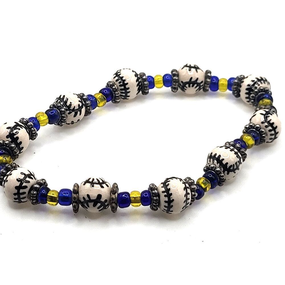 Vintage Handmade Artisan Baseball Beaded Bracelet 7in